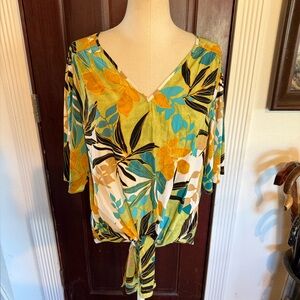 Chico's Multicolor Leaf Print Tie-Front Blouse